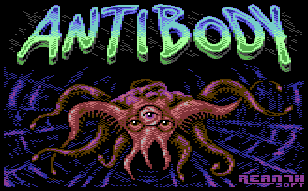 Antibody's title screen shows a three-eyed, tentacled monster crawling through a blue, web-like tunnel toward the viewer.