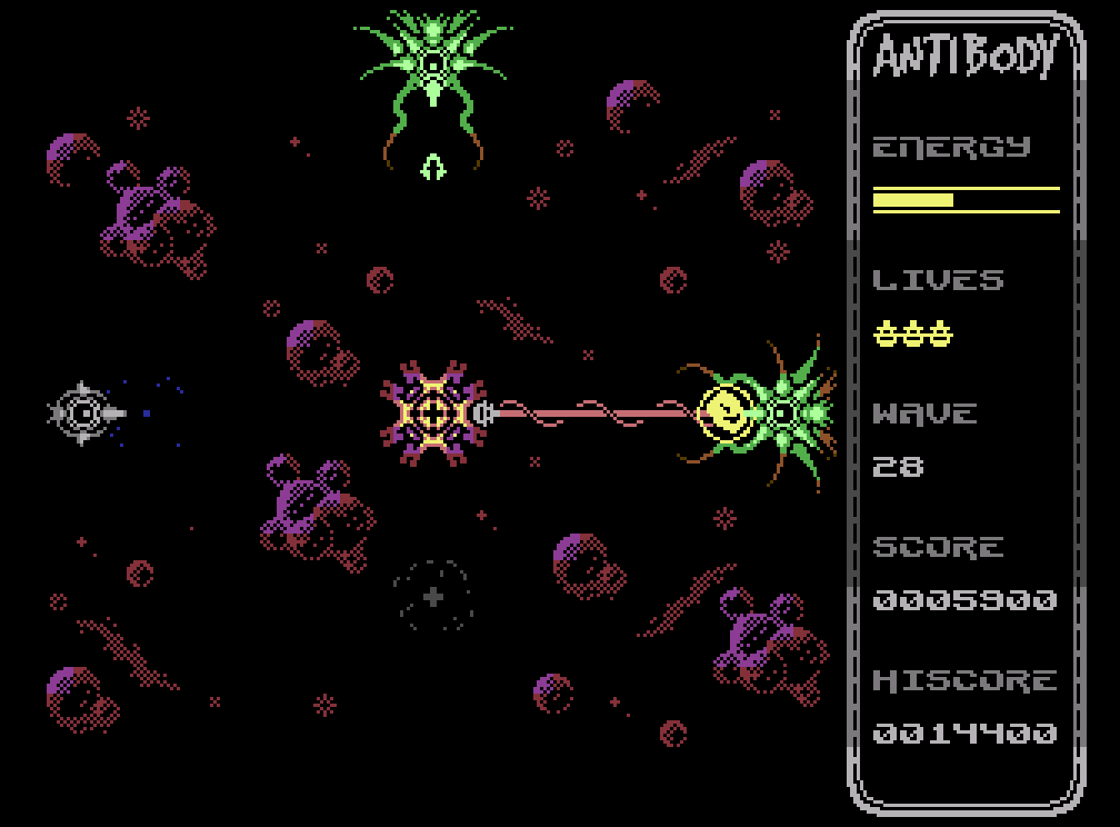 Screenshot showing the player shooting down an enemy projectile. Remnants of various explosions are also visible.