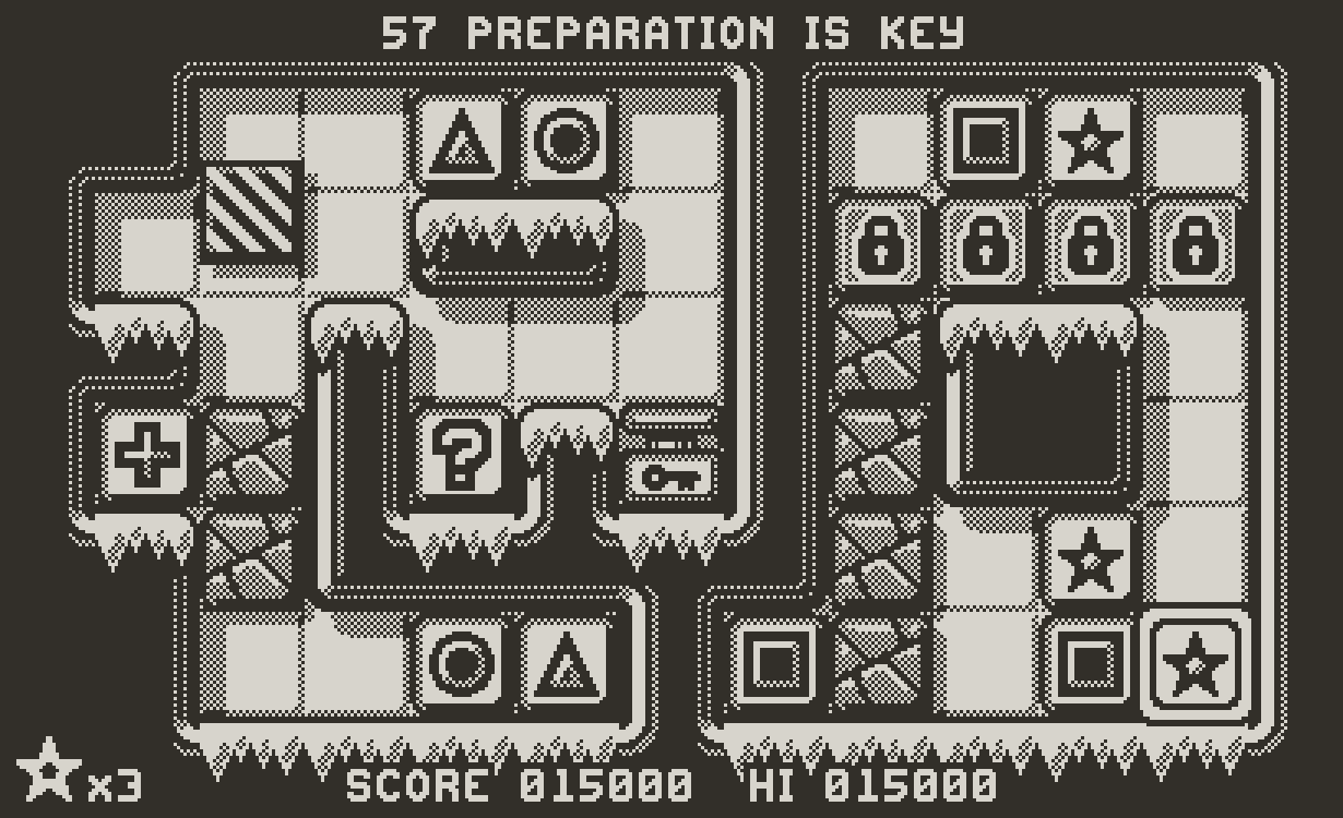 Screenshot of Level 57 ('Preparation Is Key'). It's split into two halves and features an elevator, breakable tiles, a pressure plate, a joker tile, and ice floors.