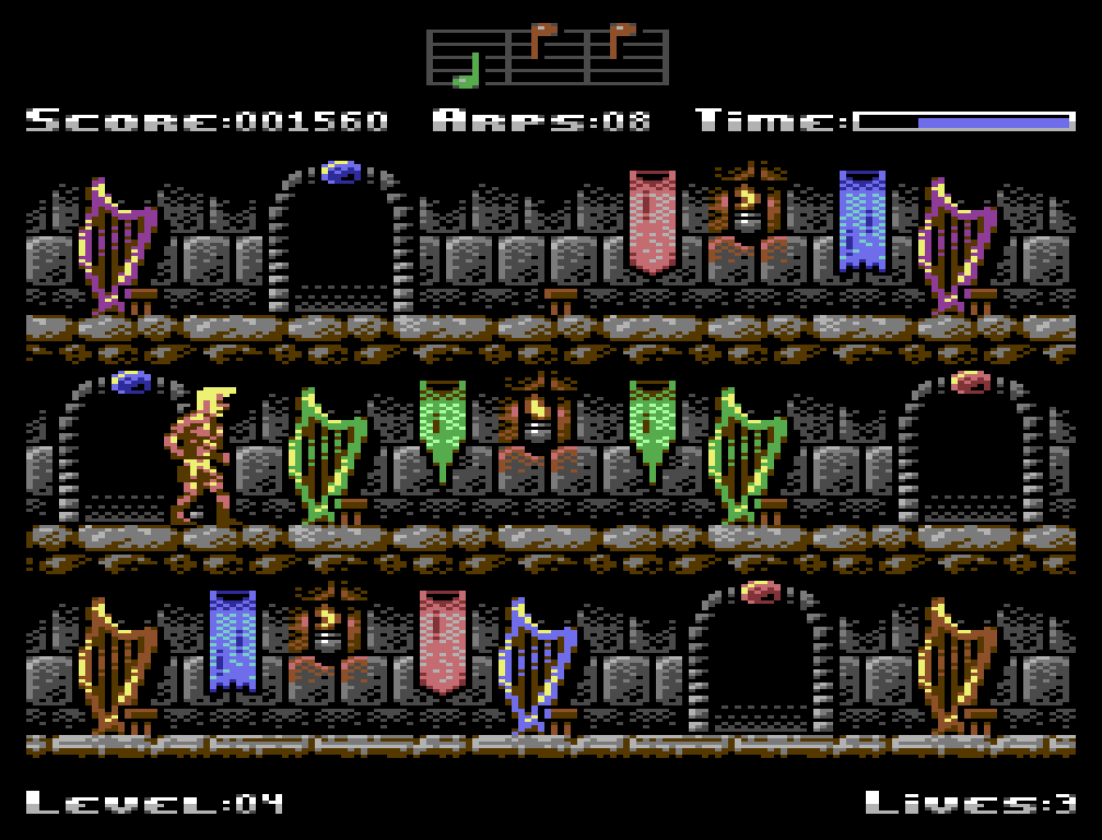 It's Harp Lifter screenshot showing Level 04. Several colored harps are distributed among three corridors. The player sprite stands in the center corridor, next to a green harp.