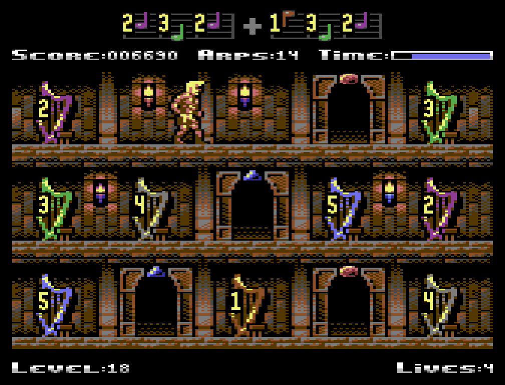 Screenshot showing Level 18 with a brown wooden tileset. The game is set to colorblind mode, where the harps are numbered by color for easier identification.