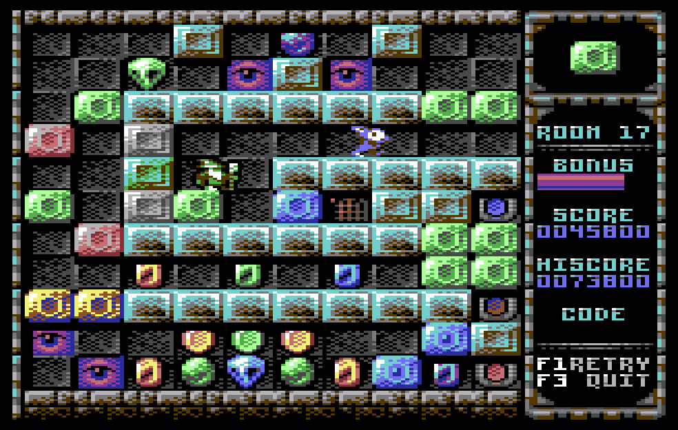 The Walls Have Eyes screenshot showing Room 17. Lots of colored blocks with the player sprite near the center and an enemy walking away.