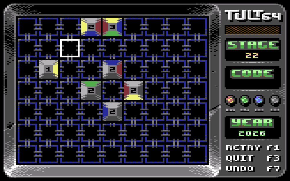 TULT 64 screenshot showing Stage 22. Blocks with differently colored sides are arranged on a grid, and each block has a move tally digit printed on it.